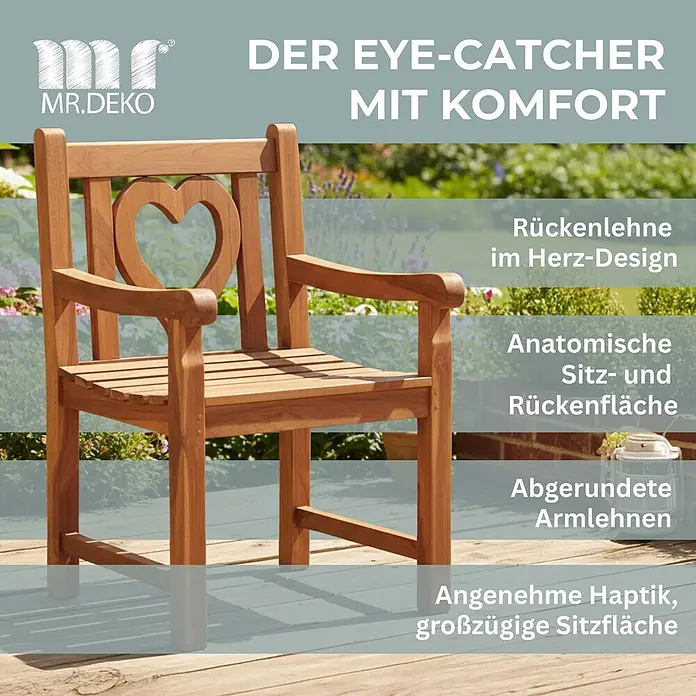 Bene Living Gartenstuhl Herz - 1 Stk., Teakholz, Natur - Holz-Gartensessel mit herzförmiger Rückenlehne, ergonomischer Sitzfläche und abgerundeten Armlehnen.