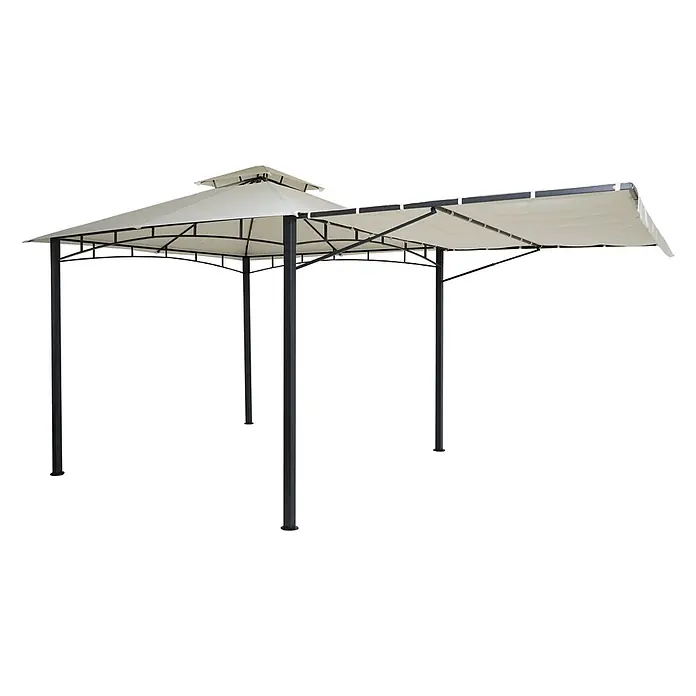 Pergola | HxBxT 275x490x250cm | Garten Pavillon | Creme-Beige | Stahl bewegliche Seitenwand 2,5x2,5m -  - Cremefarbener Pavillon mit schwarzem Metallrahmen und ausziehbarer Seitenmarkise für Schatten.