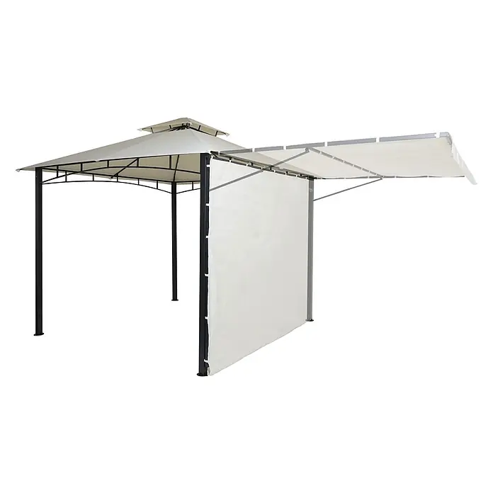 Pergola | HxBxT 275x490x250cm | Garten Pavillon | Creme-Beige | Stahl bewegliche Seitenwand 2,5x2,5m -  - Hellbeiges Pavillon mit dunklem Metallrahmen, einer seitlichen Sichtschutzwand und einer ausziehbaren Markise.