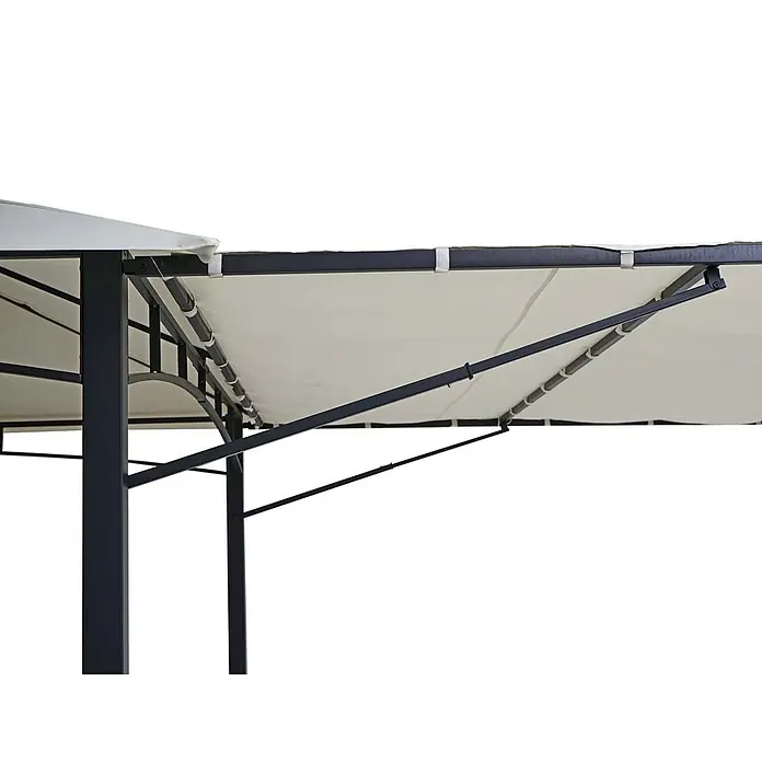 Pergola | HxBxT 275x490x250cm | Garten Pavillon | Creme-Beige | Stahl bewegliche Seitenwand 2,5x2,5m -  - Cremefarbene ausziehbare Markise auf dunklem Metallgestell, mit Auslegerarmen und Tragkonstruktion eines Pavillons.