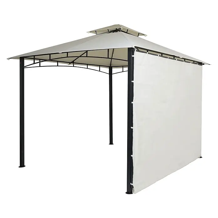 Pergola | HxBxT 275x490x250cm | Garten Pavillon | Creme-Beige | Stahl bewegliche Seitenwand 2,5x2,5m -  - Cremefarbener Outdoor-Pavillon mit dunklem Metallrahmen und einer Sichtschutzwand.
