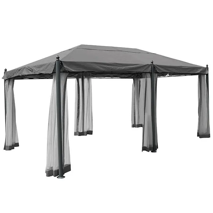 Pergola Cadiz | HxBxT 276x300x500cm | Garten Pavillon | Grau | stabiles 7cm-Gestell mit Seitenwand + Moskitonetz -  - Graues Outdoor-Pavillon mit Stoffdach und transparenten Sichtschutzvorhängen auf Metallrahmen.