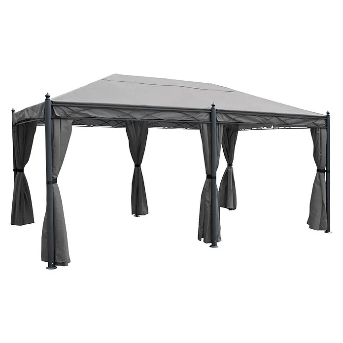 Pergola Cadiz | HxBxT 276x300x500cm | Garten Pavillon | Grau | stabiles 7cm-Gestell mit Seitenwand + Moskitonetz -  - Grauer Outdoor-Pavillon mit Stoffdach und passenden, zurückgebundenen Vorhängen auf dunklem Metallgestell.
