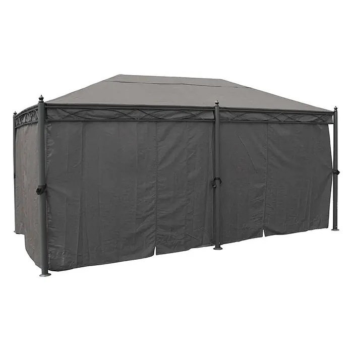 Pergola Cadiz | HxBxT 276x300x500cm | Garten Pavillon | Grau | stabiles 7cm-Gestell mit Seitenwand + Moskitonetz -  - Ein graues Outdoor-Pavillon mit Stoff-Seitenwänden und Metallrahmen.