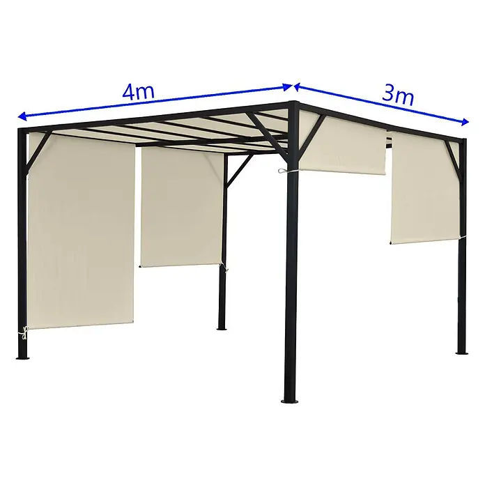 Pergola Baia | HxBxT 212x300x400cm | Garten Pavillon Terrassenüberdachung | stabiles 6cm-Stahl-Gestell + Schiebedach -  - Schwarze Metall-Pergola mit beigem Stoffdach und ausziehbaren Seitenwänden, 4x3m.