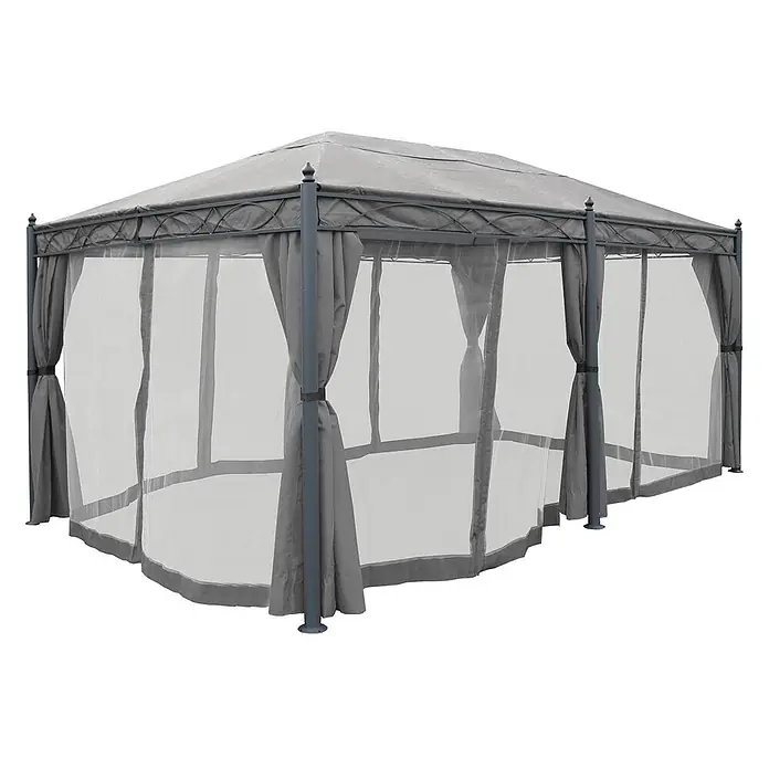 Pergola Cadiz | HxBxT 276x300x500cm | Garten Pavillon | Grau | stabiles 7cm-Gestell mit Seitenwand + Moskitonetz -  - Grauer Pavillon mit Stoffdach, dekorativem Metallrahmen sowie transparenten Netz- und undurchsichtigen grauen Seiten-Vorhängen, die zurückgebunden sind.