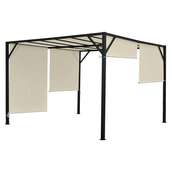 Pergola Baia | HxBxT 212x300x400cm | Garten Pavillon Terrassenüberdachung | stabiles 6cm-Stahl-Gestell + Schiebedach -  - Eine schwarze Metallpergola mit beigen, einziehbaren Stoffseitenwänden.