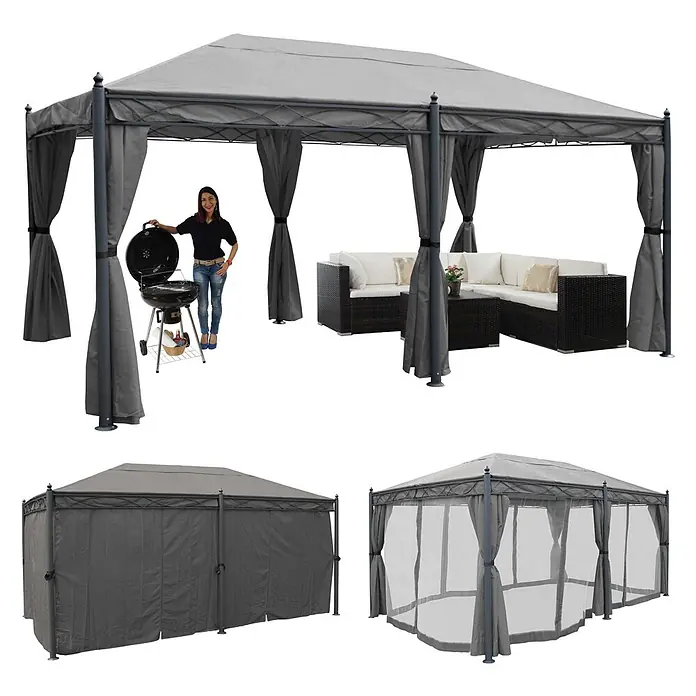 Pergola Cadiz | HxBxT 276x300x500cm | Garten Pavillon | Grau | stabiles 7cm-Gestell mit Seitenwand + Moskitonetz -  - Vielseitiger grauer Pavillon mit dunkelgrauem Metallrahmen, mit Vorhängen und Moskitonetzen, bietet Schutz und Ambiente im Freien.