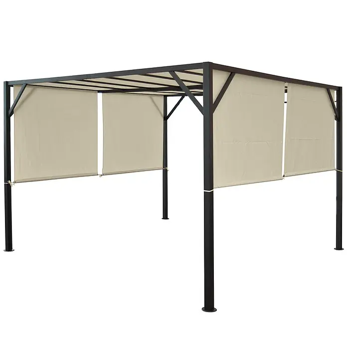 Pergola Baia | HxBxT 212x300x400cm | Garten Pavillon Terrassenüberdachung | stabiles 6cm-Stahl-Gestell + Schiebedach -  - Schwarzmetall-Pergola mit beigen Stoffseitenwänden für Schatten im Freien.