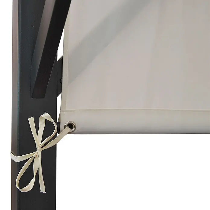 Pergola Baia | HxBxT 212x300x400cm | Garten Pavillon Terrassenüberdachung | stabiles 6cm-Stahl-Gestell + Schiebedach -  - Helles Stoff-Sonnendach mit Band an dunklem Metallpfosten gebunden.