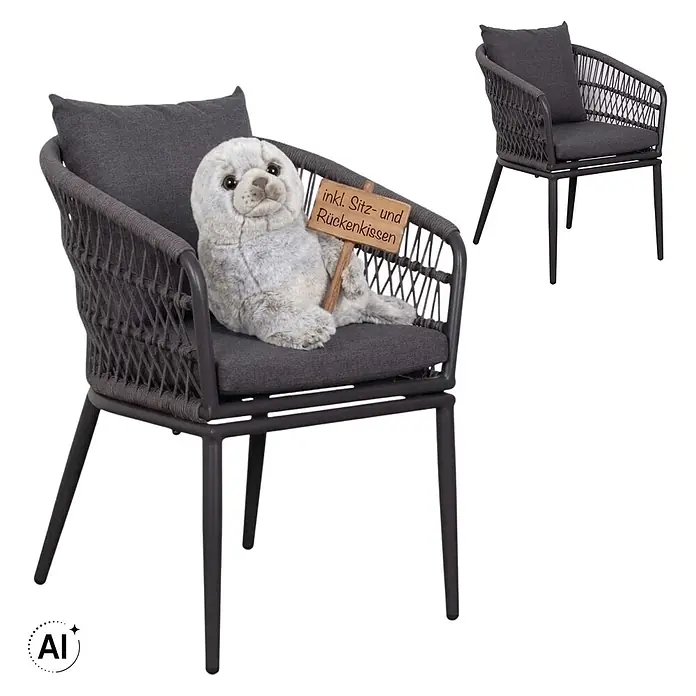 Bene Living Gartenstuhl-Set Genua - 2 Stk., Aluminium mit Rope-Geflecht, grau - Anthrazitfarbener Outdoor-Sessel mit geflochtener Rückenlehne und Armlehnen, inkl. dunkelgrauen Sitz- und Rückenkissen.