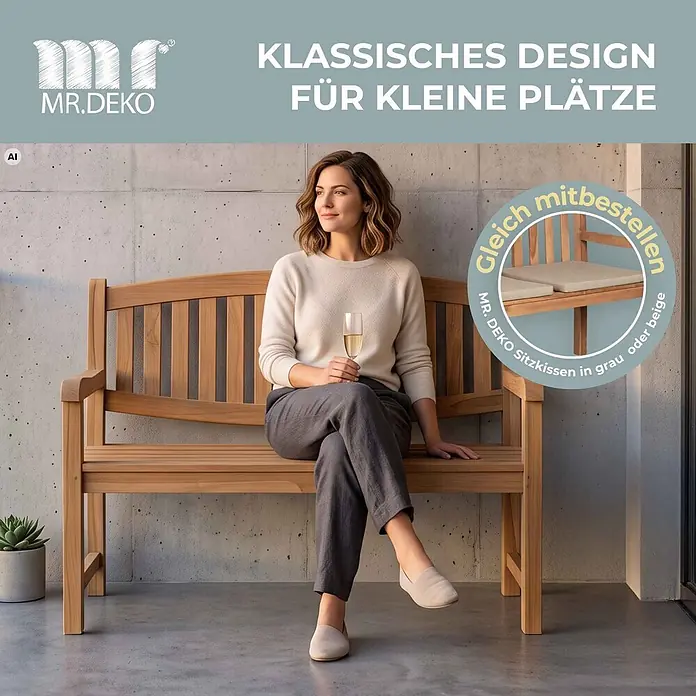 Bene Living Gartenbank Bradford - Teakholz, Natur - Klassische Holzbank für kleine Flächen, gezeigt mit einer Frau. Passende Sitzkissen in Grau oder Beige können dazubestellt werden.