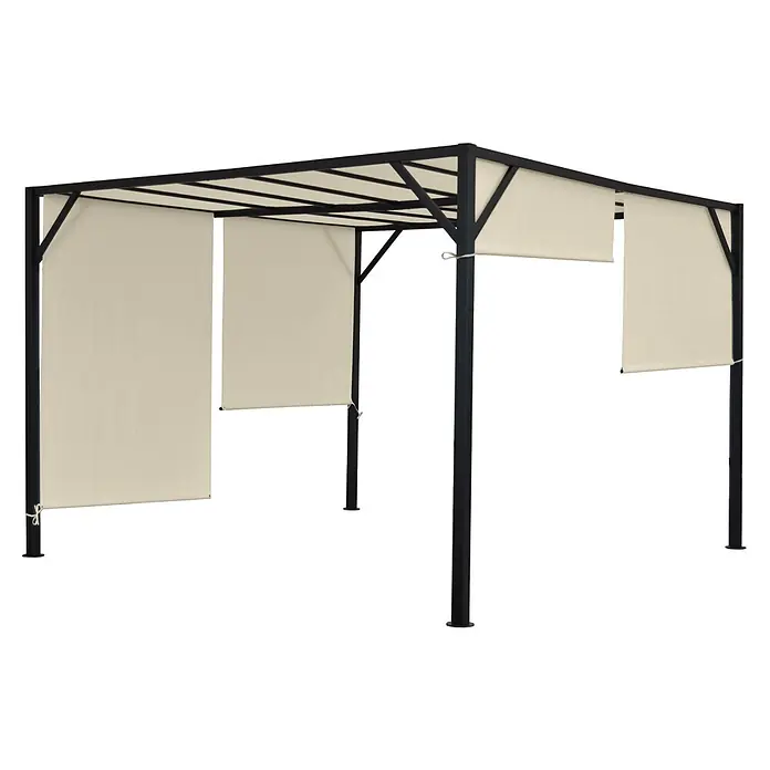 Pergola Baia | HxBxT 212x400x400cm | Garten Pavillon Terrassenüberdachung | stabiles 6cm-Stahl-Gestell + Schiebedach -  - Schwarze Metall-Pergola mit beigefarbenen ausziehbaren Stoffblenden für variablen Schatten.