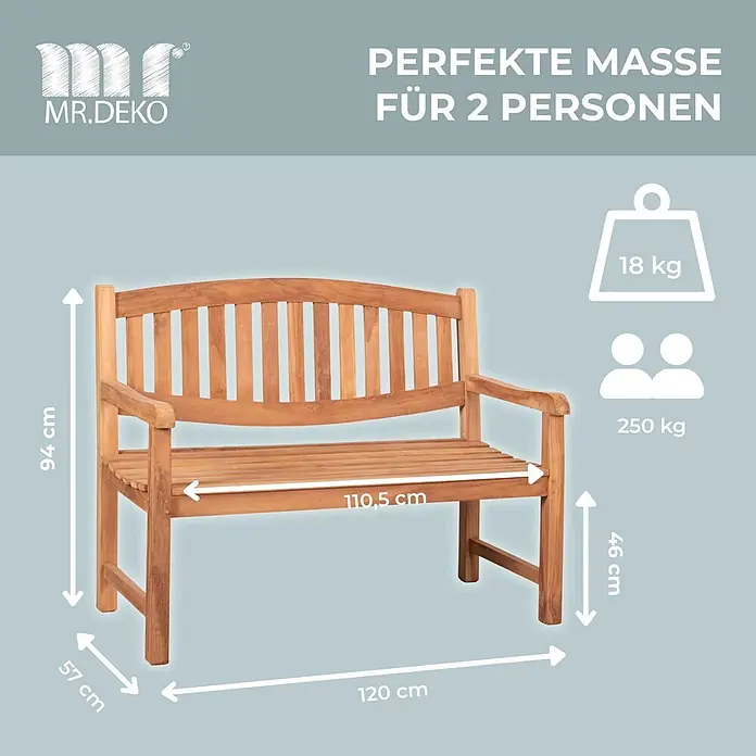 Bene Living Gartenbank Bradford - Teakholz, Natur - Hölzerne Gartenbank, 120 cm breit, für 2 Personen. Maße: H 94 cm, T 57 cm, Sitzhöhe 46 cm. Bank 18 kg, Belastung 250 kg.