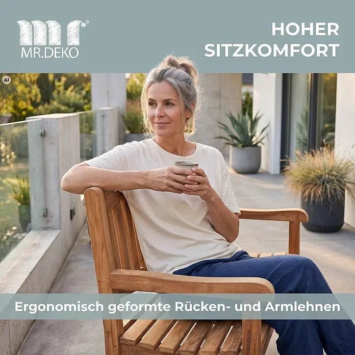 Bene Living Gartenbank Bradford - Teakholz, Natur - Frau entspannt sich in einem Holz-Sessel auf einer Terrasse, der hohen Komfort und ergonomische Rücken-/Armlehnen zeigt.