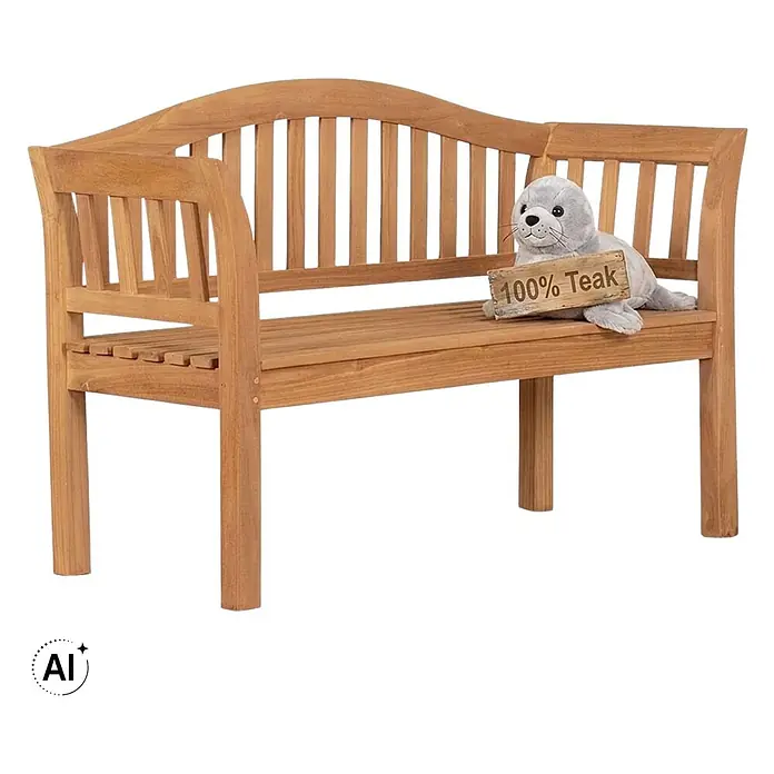 Bene Living Gartenbank Wave - Teakholz, Natur - Teakholzbank mit geschwungener Rückenlehne und Lattenrostsitz, mit einem Schild „100% Teak“.