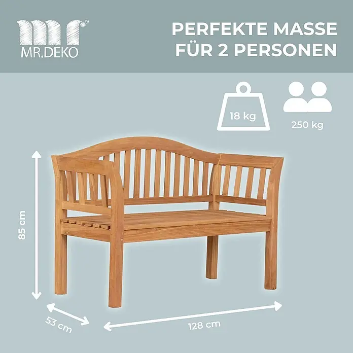 Bene Living Gartenbank Wave - Teakholz, Natur - Holzgartenbank mit Maßen: 85 cm H, 128 cm B, 53 cm T. Wiegt 18 kg, für 2 Personen, max. 250 kg.