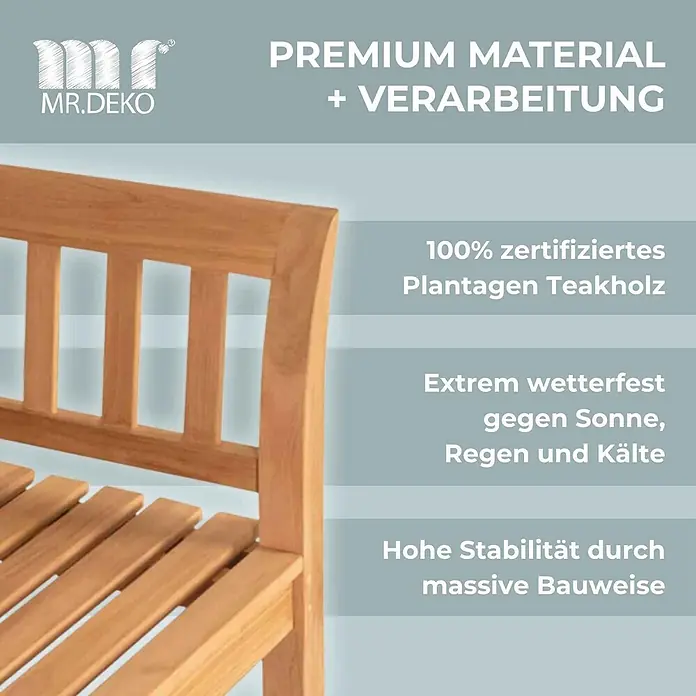 Bene Living Gartenbank Wave - Teakholz, Natur - Nahaufnahme von Teakholz-Gartenmöbeln mit Lamellen und massiver Bauweise.