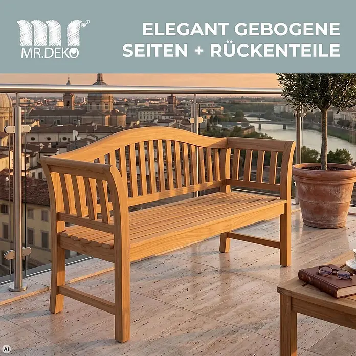 Bene Living Gartenbank Wave - Teakholz, Natur - Gartenbank aus Holz mit elegant gebogener Rückenlehne und Seiten auf einem Balkon.