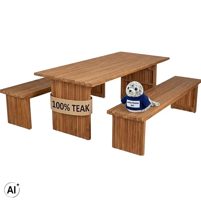 Bene Living Gartentisch-Set - Gesamtumfang: 3 -tlg., L x B x H: 100 x 180 x 74 cm, Ø x H: 100 x 74 cm, Teakholz - Picknick-Garnitur aus natürlichem Teakholz mit Tisch und zwei Bänken, als 100% Teak wetterfest gekennzeichnet.