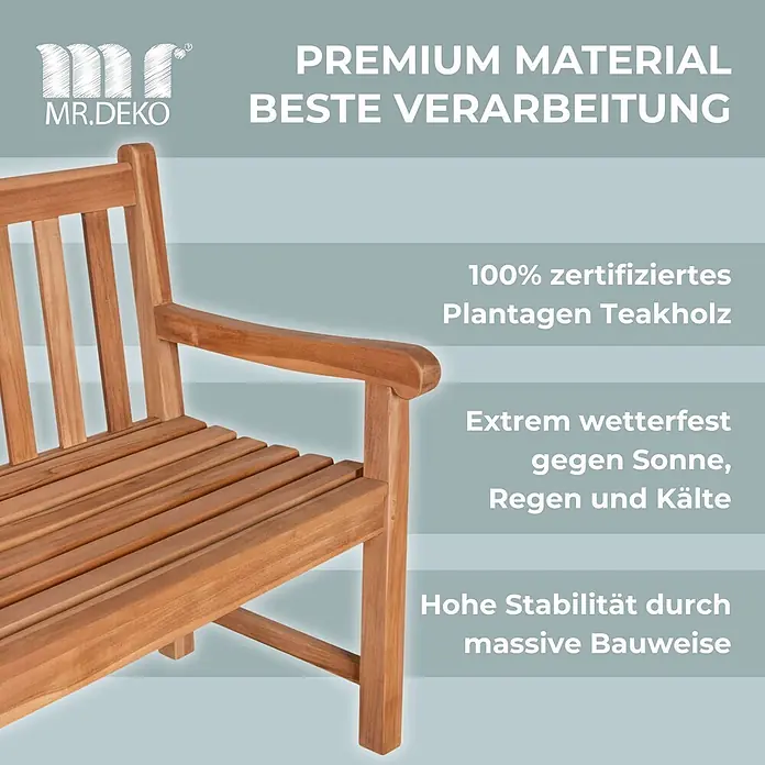 Gartenbank Hufeisen Teak 120cm -  - Nahaufnahme einer robusten, hellbraunen Teakholz-Gartenbank, die ihre solide Bauweise und glatte Oberfläche hervorhebt.