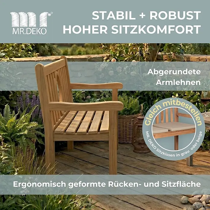 Gartenbank Hufeisen Teak 120cm -  - Hellbraune Holz-Gartenbank mit abgerundeten Armlehnen und ergonomisch geformter Sitz- und Rückenlehne auf einer Terrasse.
