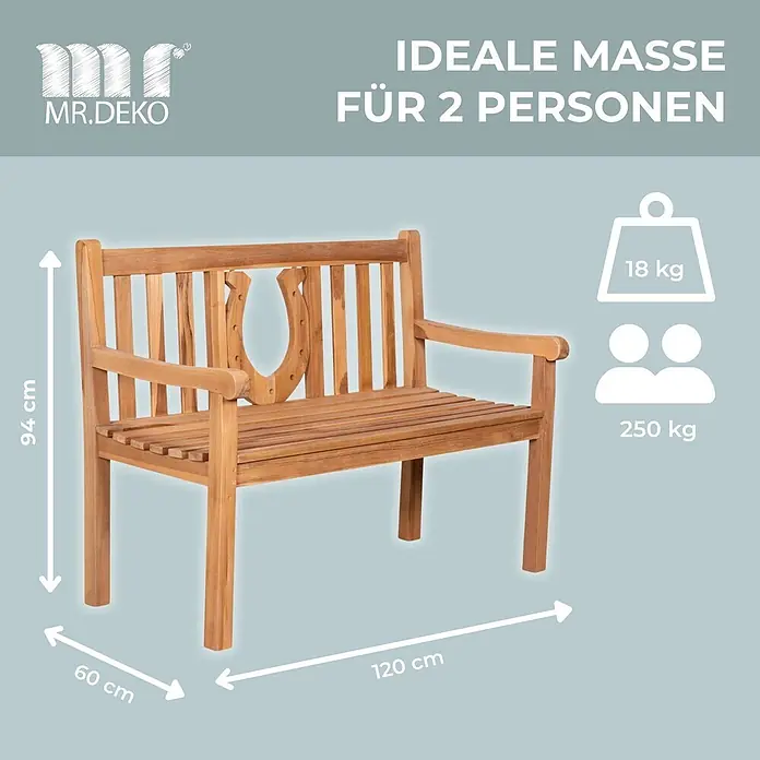 Gartenbank Hufeisen Teak 120cm -  - Gartenbank aus Holz mit Armlehnen und einem markanten Hufeisen-Ausschnitt in der Rückenlehne, für zwei Personen.