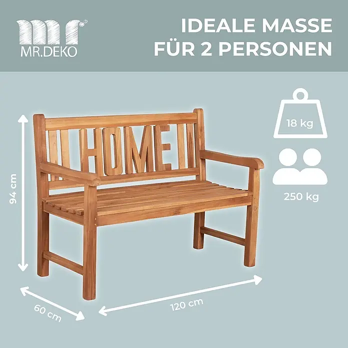 Bene Living Gartenbank Swindon - Teakholz, Natur - Eine Gartenbank aus Naturholz mit der Aufschrift „HOME“ in der Rückenlehne, 120x60x94 cm groß und für 2 Personen geeignet.