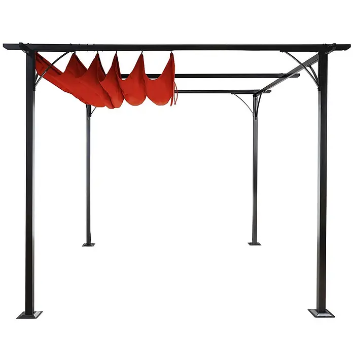 Pergola | HxBxT 232x350x350cm | Garten Pavillon | Terrakotta | stabiles 6cm-Gestell + Schiebedach -  - Schwarzes Metall-Pergola-Gestell mit einem teilweise ausgezogenen roten Stoff-Sonnendach.