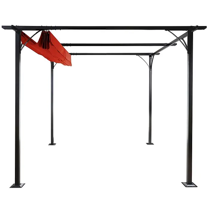 Pergola | HxBxT 232x350x350cm | Garten Pavillon | Terrakotta | stabiles 6cm-Gestell + Schiebedach -  - Schwarze Metallpergola mit teilweise eingefahrenem rotem Stoffdach.
