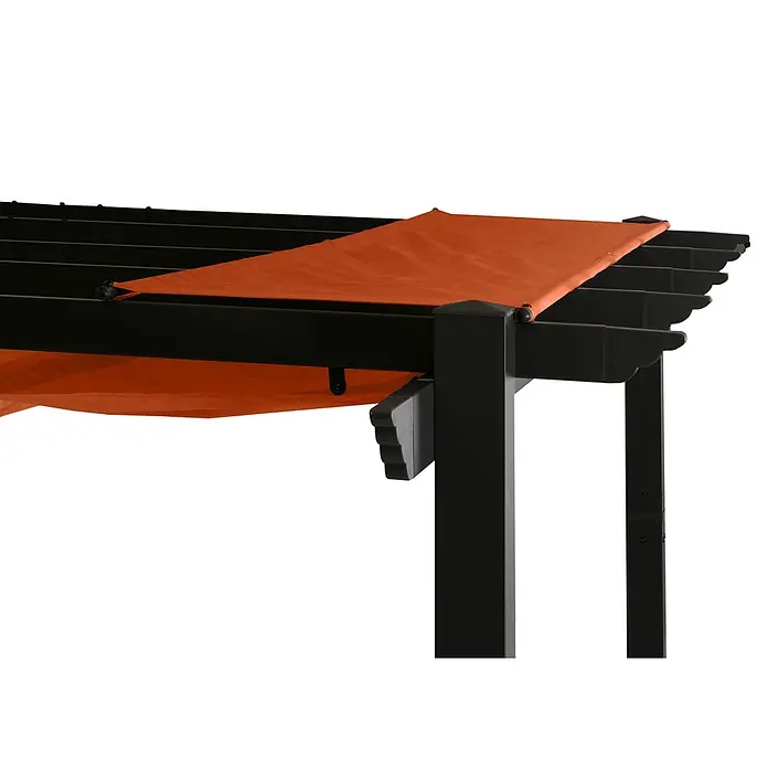 Aluminium Pergola | stabiles 8cm-Gestell | Schiebedach | UV50+ | BxT 4x3m | Terrakotta | Gartenpavillon Pavillon Garten -  - Schwarze Pergola mit orangefarbenem ausziehbarem Sonnensegel, teilweise ausgefahren, zeigt den Beschattungsmechanismus.