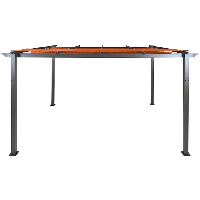 Aluminium Pergola | stabiles 8cm-Gestell | Schiebedach | UV50+ | BxT 4x3m | Terrakotta | Gartenpavillon Pavillon Garten -  - Graue Metall-Pergola mit orangefarbenem, ausziehbarem Stoffdach für Schatten im Freien.