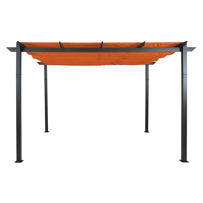 Aluminium Pergola | stabiles 8cm-Gestell | Schiebedach | UV50+ | BxT 4x3m | Terrakotta | Gartenpavillon Pavillon Garten -  - Dunkelgraue Pergola mit orangefarbenem ausziehbarem Stoffdach für den Außenbereich.
