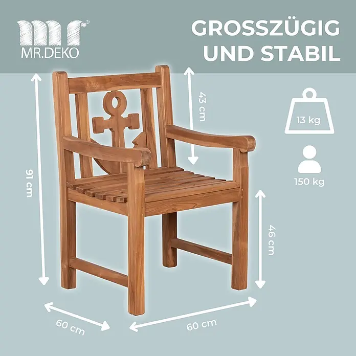 Bene Living Gartenstuhl Anker - 1 Stk., Teakholz, Natur - Teakholz-Sessel mit Armlehnen und Anker-Design, 91x60x60 cm, 46 cm Sitzhöhe, 13 kg, 150 kg Traglast.
