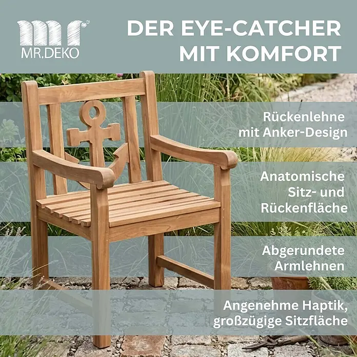 Bene Living Gartenstuhl Anker - 1 Stk., Teakholz, Natur - Holzgartenstuhl mit Anker-Rückenlehne, abgerundeten Armlehnen und anatomischer Sitzfläche.
