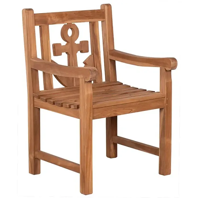 Bene Living Gartenstuhl Anker - 1 Stk., Teakholz, Natur - Brauner Holz-Sessel mit geschnitztem Anker auf der Rückenlehne.