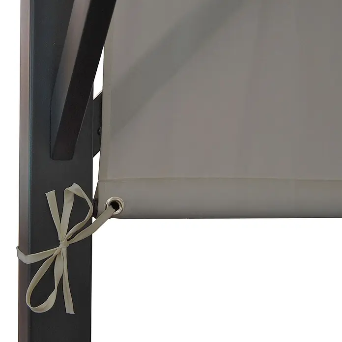 Pergola Baia | HxBxT 212x400x400cm | Garten Pavillon Terrassenüberdachung | stabiles 6cm-Stahl-Gestell + Schiebedach Taupe -  - Ecke eines grauen Stoff-Sonnenschutzes, mit hellem Band und Metallöse an dunklem Metallrahmen befestigt.