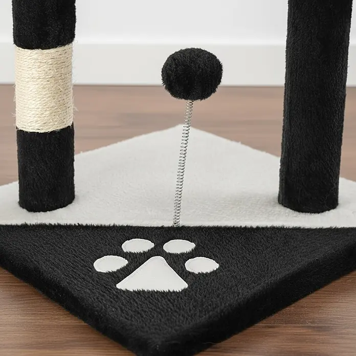 belviona Kratzbaum - 40 x 40 x 112 cm, Textil, schwarz/weiß - Schwarz-weißer Katzenkratzbaum mit Sisalseil, einem Plüschball an einer Feder und einem weißen Pfotenabdruck auf der Basis.