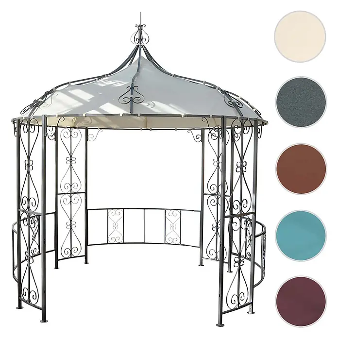Pergola Almeria | HxBxT 330x300x300cm | Rundpavillon Garten Pavillon | Creme | stabiles Stahl-Gestell Durchmesser 3m -  - Verzierter Gartenpavillon aus Metall mit cremefarbenem Stoffdach und Zierranken.