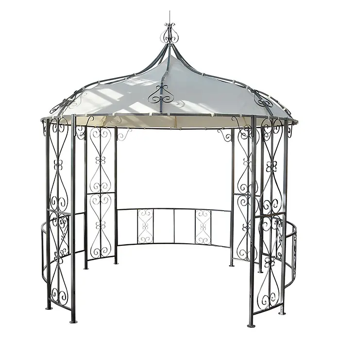 Pergola Almeria | HxBxT 330x300x300cm | Rundpavillon Garten Pavillon | Creme | stabiles Stahl-Gestell Durchmesser 3m -  - Elegantes Metallpavillon mit dunklem Zierrahmen und weißem Stoffdach für den Außenbereich.