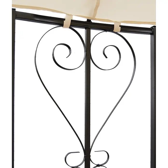 Pergola Almeria | HxBxT 330x300x300cm | Rundpavillon Garten Pavillon | Creme | stabiles Stahl-Gestell Durchmesser 3m -  - Schwarzes Metallrahmendetail mit herzförmiger Schnörkelarbeit, das ein beiges Stoffdach trägt.