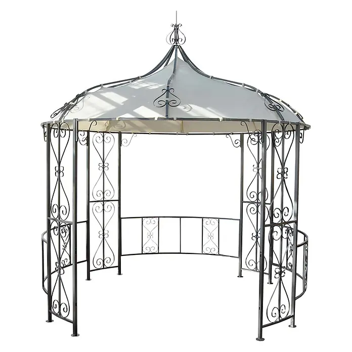Pergola Almeria | HxBxT 330x300x300cm | Rundpavillon Garten Pavillon | Creme | stabiles Stahl-Gestell Durchmesser 3m -  - Dekorativer Metallpavillon mit weißem Stoffdach und kunstvollem schmiedeeisernem Rahmen.