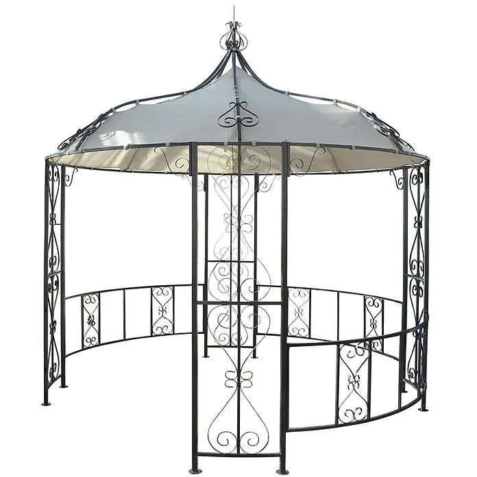 Pergola Almeria | HxBxT 330x300x300cm | Rundpavillon Garten Pavillon | Creme | stabiles Stahl-Gestell Durchmesser 3m -  - Schwarzer schmiedeeiserner Pavillon mit hellem Stoffdach und dekorativen Schnörkeln am Gestell.