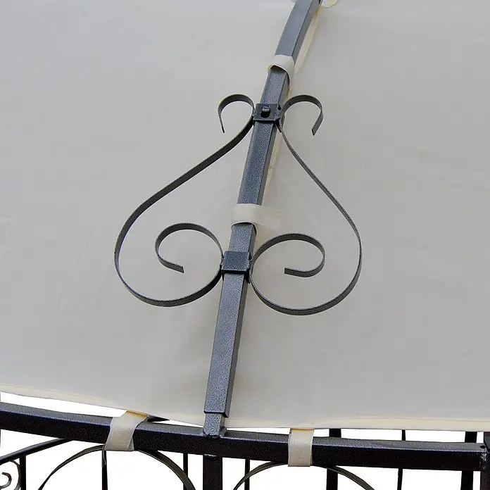 Pergola Almeria | HxBxT 330x300x300cm | Rundpavillon Garten Pavillon | Creme | stabiles Stahl-Gestell Durchmesser 3m -  - Graues Metallgestell eines Pavillons mit Zierranken und beigem Stoff, mit Riemen befestigt.