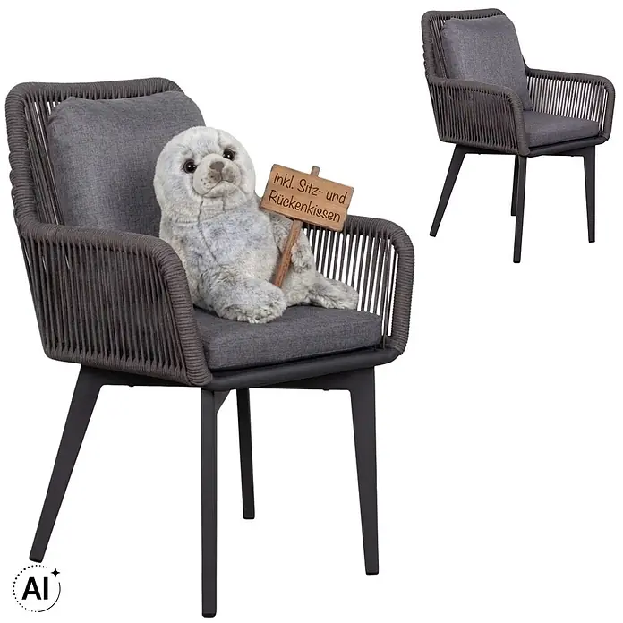 2er Set Diningsessel Marbella Rope mit Kissen uni grey -  - Dunkelgrauer Outdoor-Esszimmerstuhl mit geflochtenem Seildesign, Metallrahmen und inkl. Sitz- und Rückenkissen.