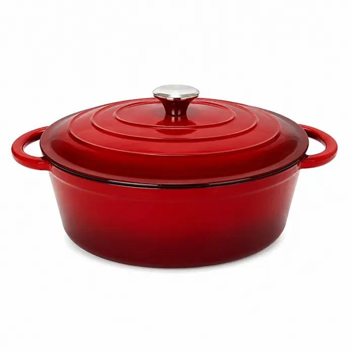 Garten Dream Dutch Oven 4 l - L x B x H: 29 x 16 x 11 cm, Gusseisen - Roter, ovaler gusseiserner Schmortopf mit Emaille und silbernem Deckelknauf.