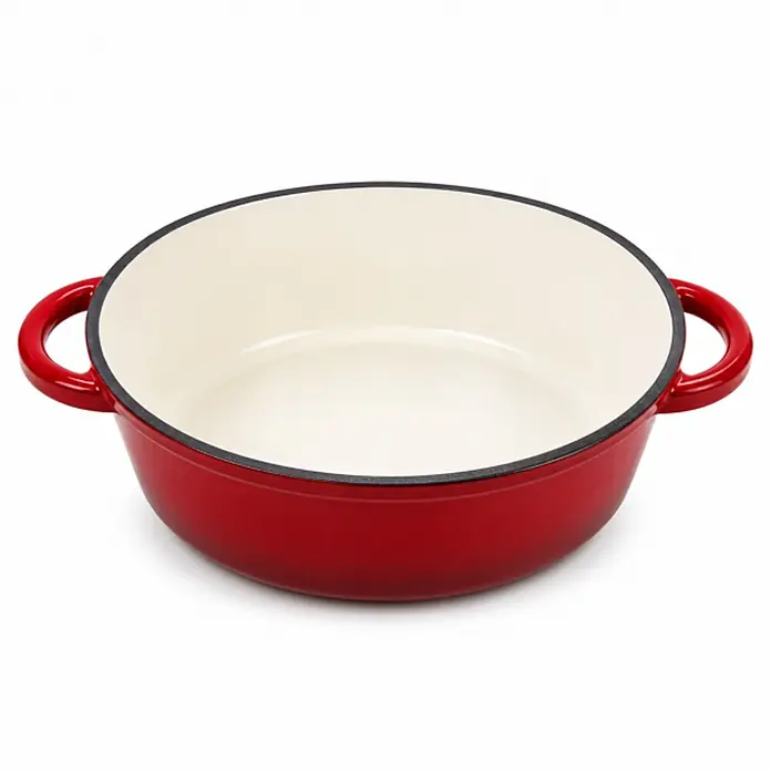 Garten Dream Dutch Oven 4 l - L x B x H: 29 x 16 x 11 cm, Gusseisen - Rote emaillierte ovale Auflaufform aus Gusseisen mit cremefarbener Innenseite und zwei Griffen.