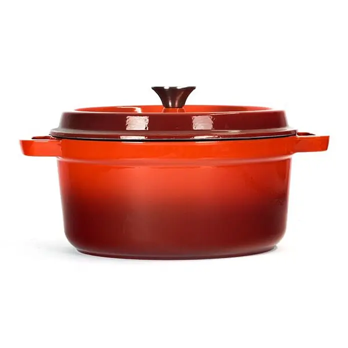 Garten Dream Dutch Oven 6 l - L x B x H: 28 x 28 x 11 cm, Gusseisen - Rot-orangefarbener Gusseisen-Bräter mit dunklem Deckelknauf.