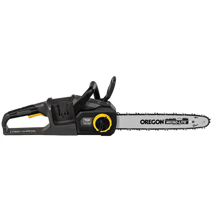 Texas Akku-Kettensäge CSX2020 - 20 V, Li-Ionen, Ohne Akku, Schwertlänge: 40 cm - Akku-Kettensäge in Dunkelgrau mit gelben Akzenten und Oregon Micro-Lite Führungsschiene.