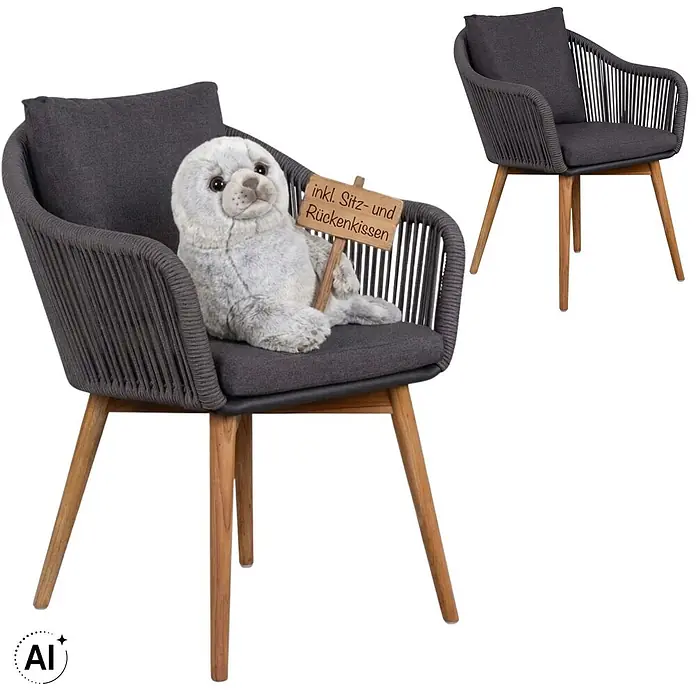 Bene Living Gartenstuhl-Set Solana - 2 Stk., Aluminium mit Teakbeinen, grau - Dunkelgrauer Esszimmerstuhl mit geflochtener Rückenlehne, Holzbeinen und dunkelgrauen Sitz- und Rückenkissen.